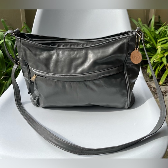 SAS Vintage Genuine Leather Grey Shoulder Bag Zip Closure Grey Hardware - Picture 6 of 7